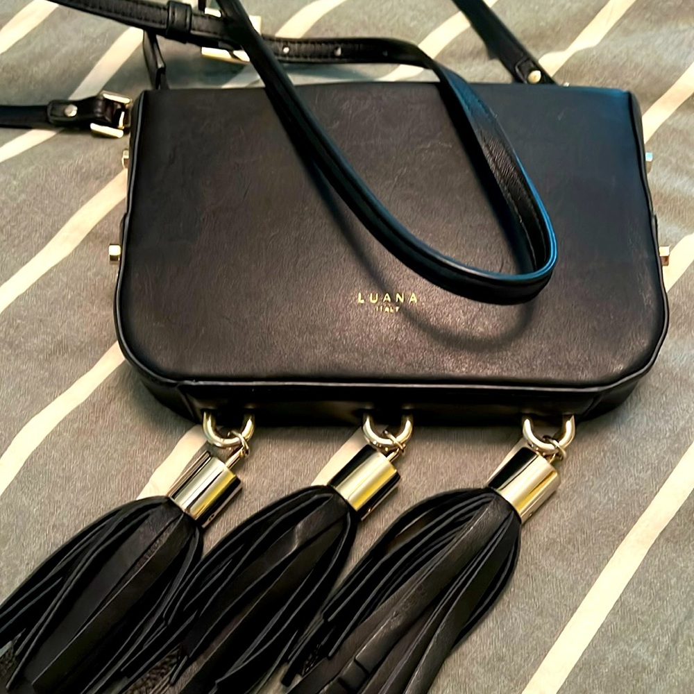 Luana Italy Black Leather Small
Crossbody W/Tassels Removable Strap
Clutch Purse